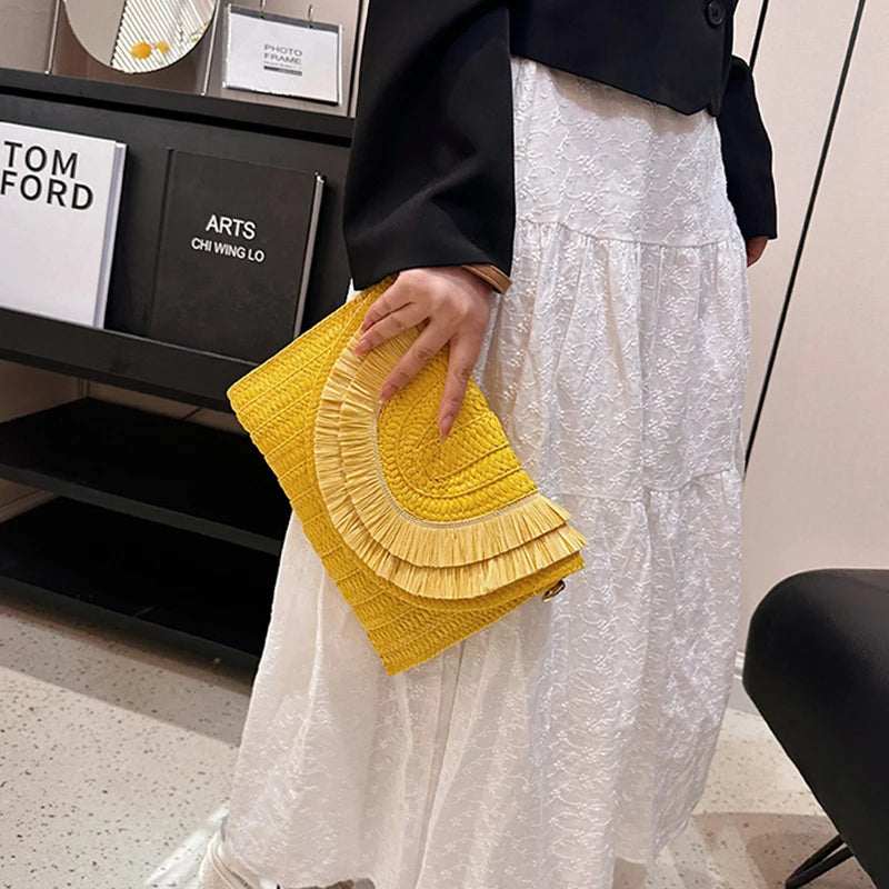 Raffia Straw Woven Wrist Clutch & Shoulder Crossbody Bag – Handmade Summer Beach Purse for Women