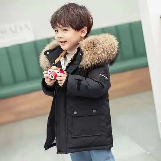 Winter Boys Hooded Jacket – Warm Thicken Fur Collar Zipper Outerwear 5–14Y