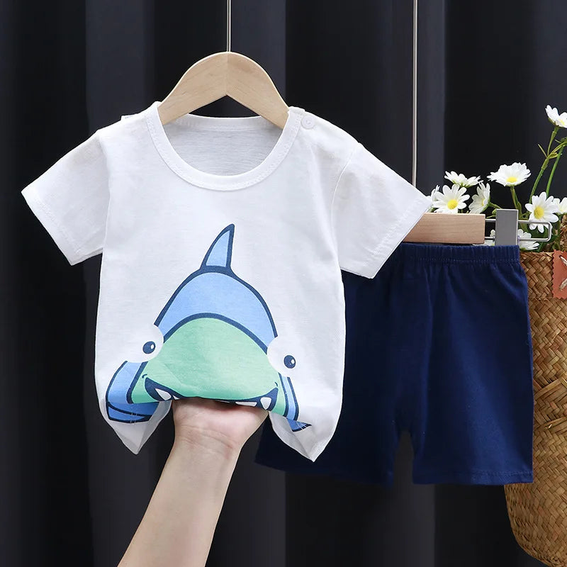 Boys’ Cartoon Print Clothing Set – Short Sleeve T-Shirt & Shorts Tracksuit