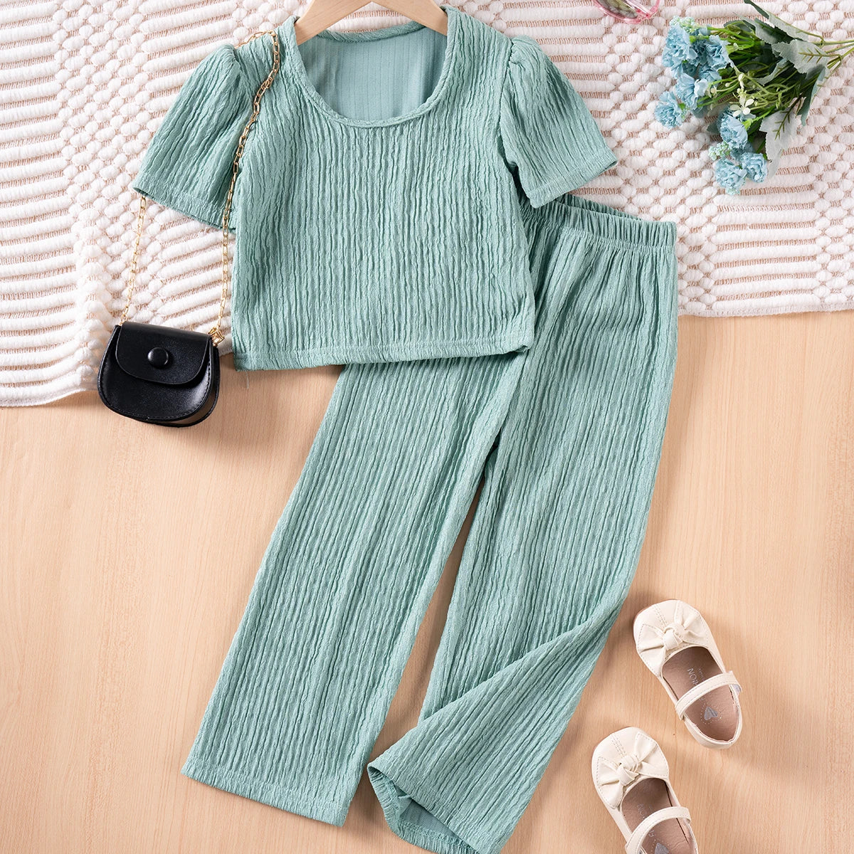 Girls Solid Color Suspenders Dress Set – Ruffles Top & Wide Leg Pants, Elegant Summer Outfit
