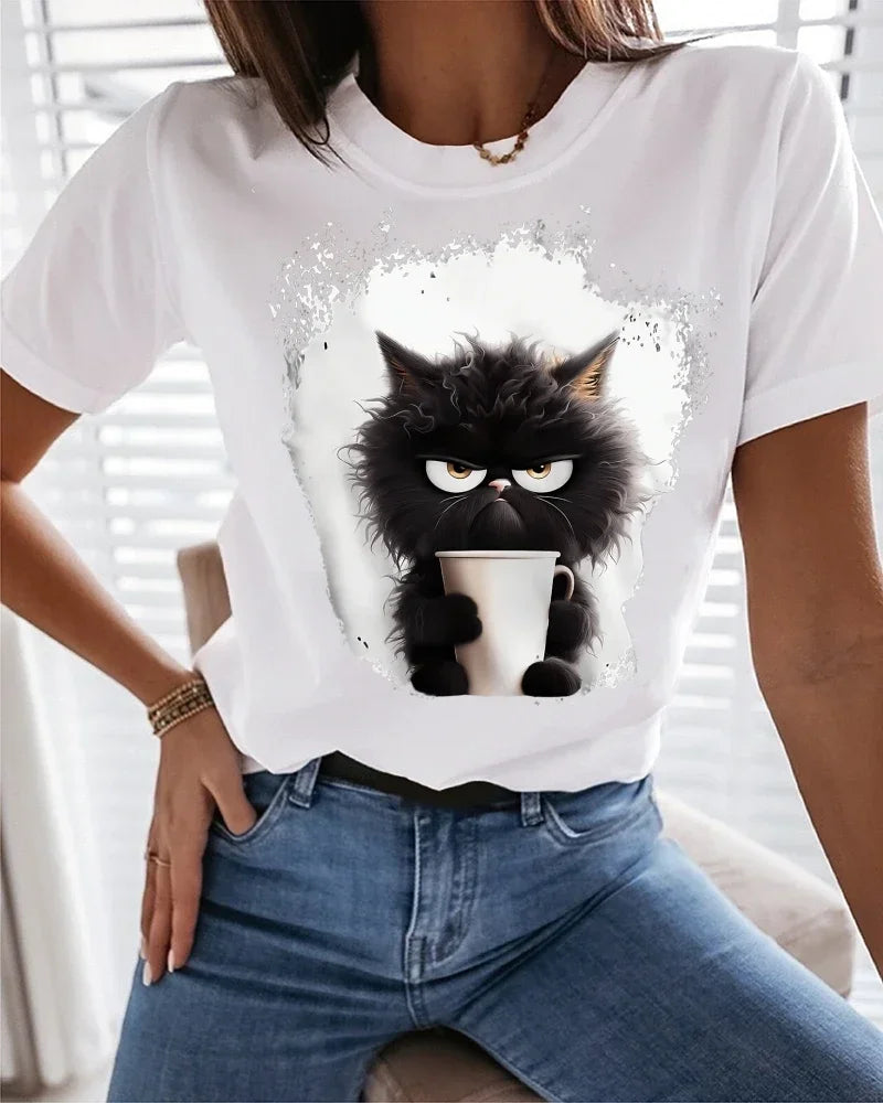Women's Cat Print T-Shirt – Funny Casual Short Sleeve Tee