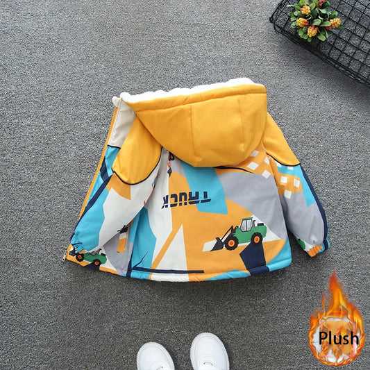 2025 Boys Cotton Coat – Kids Cartoon Car Print Hooded Warm Winter Parka Outerwear