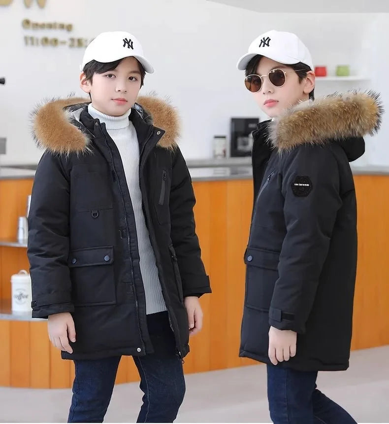 Winter Boys Hooded Jacket – Warm Thicken Fur Collar Zipper Outerwear 5–14Y