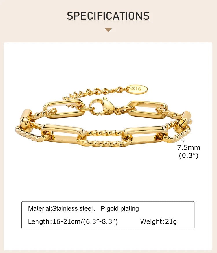 18K Gold Plated Paperclip Chain Bracelet – Adjustable Chunky Stainless Steel Jewelry