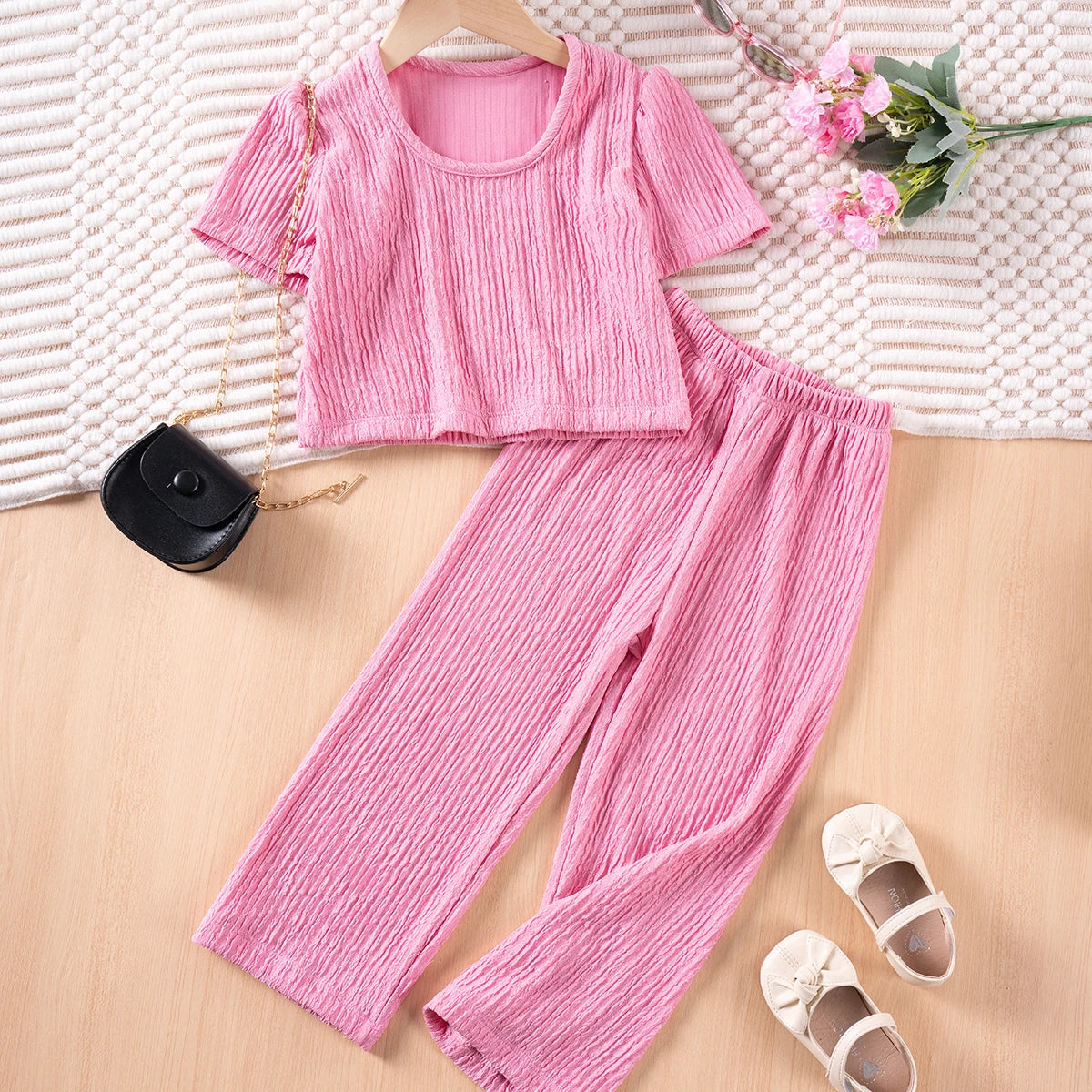 Girls Solid Color Suspenders Dress Set – Ruffles Top & Wide Leg Pants, Elegant Summer Outfit
