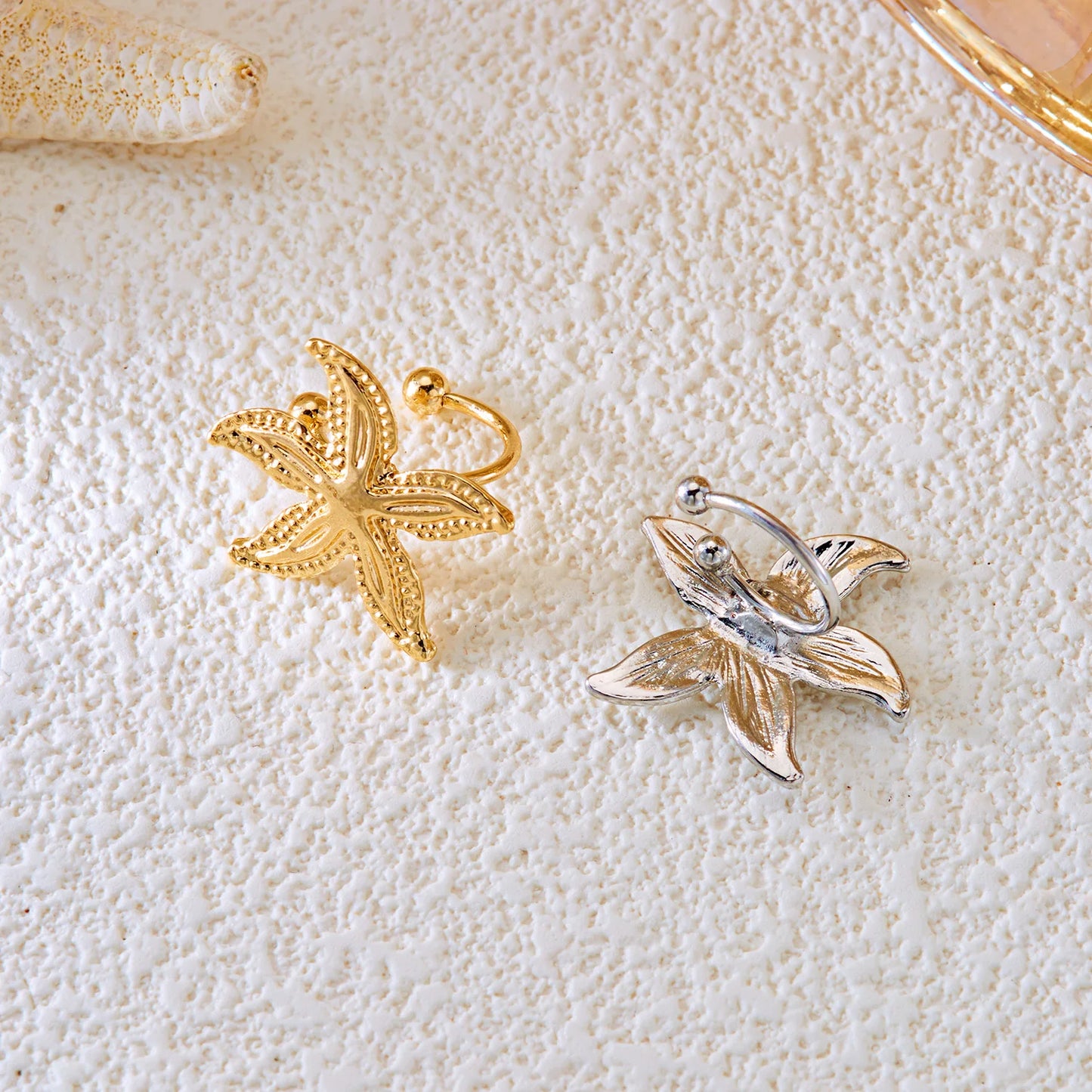 Boho Starfish Shell Ear Cuffs – Asymmetrical Beach Party Earrings for Women
