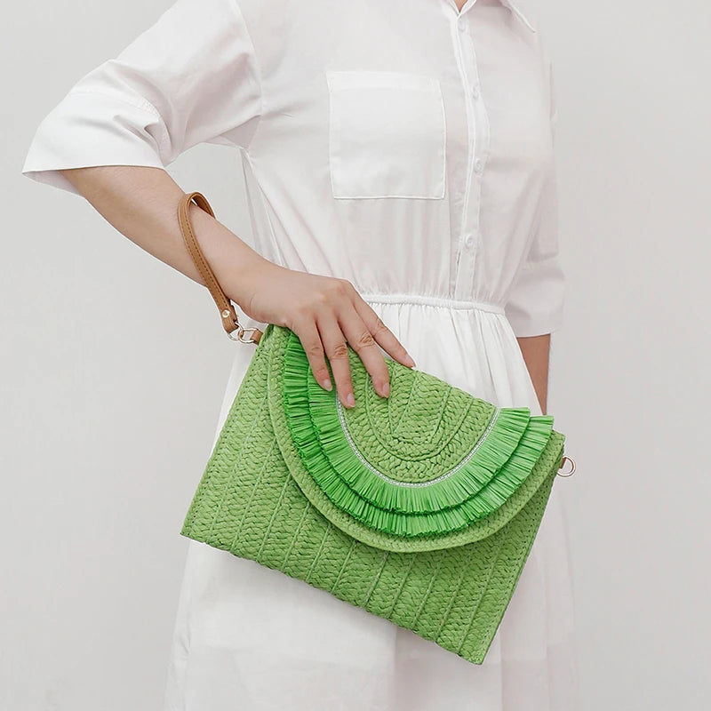 Raffia Straw Woven Wrist Clutch & Shoulder Crossbody Bag – Handmade Summer Beach Purse for Women