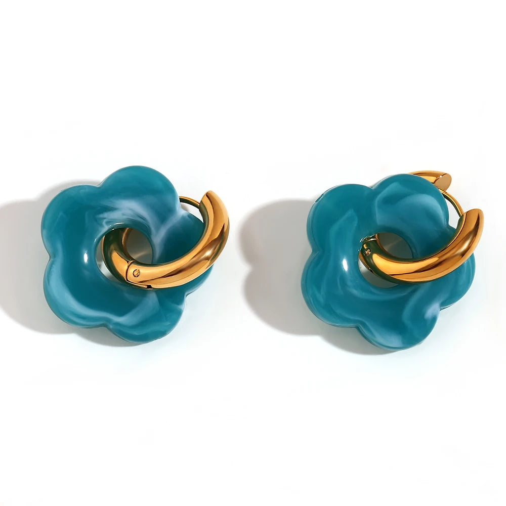 Colorful Resin Flower Hoop Earrings – Waterproof Stainless Steel Women’s Jewelry