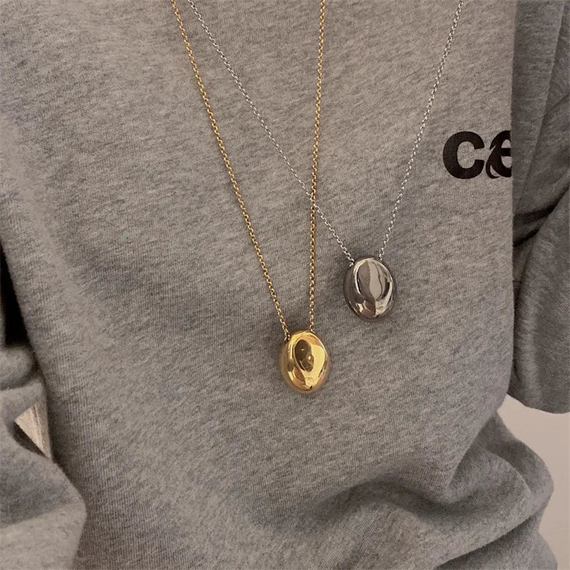 Large Geometric Oval Water Drop Pendant Necklace – Stainless Steel Long Sweater Chain for Women