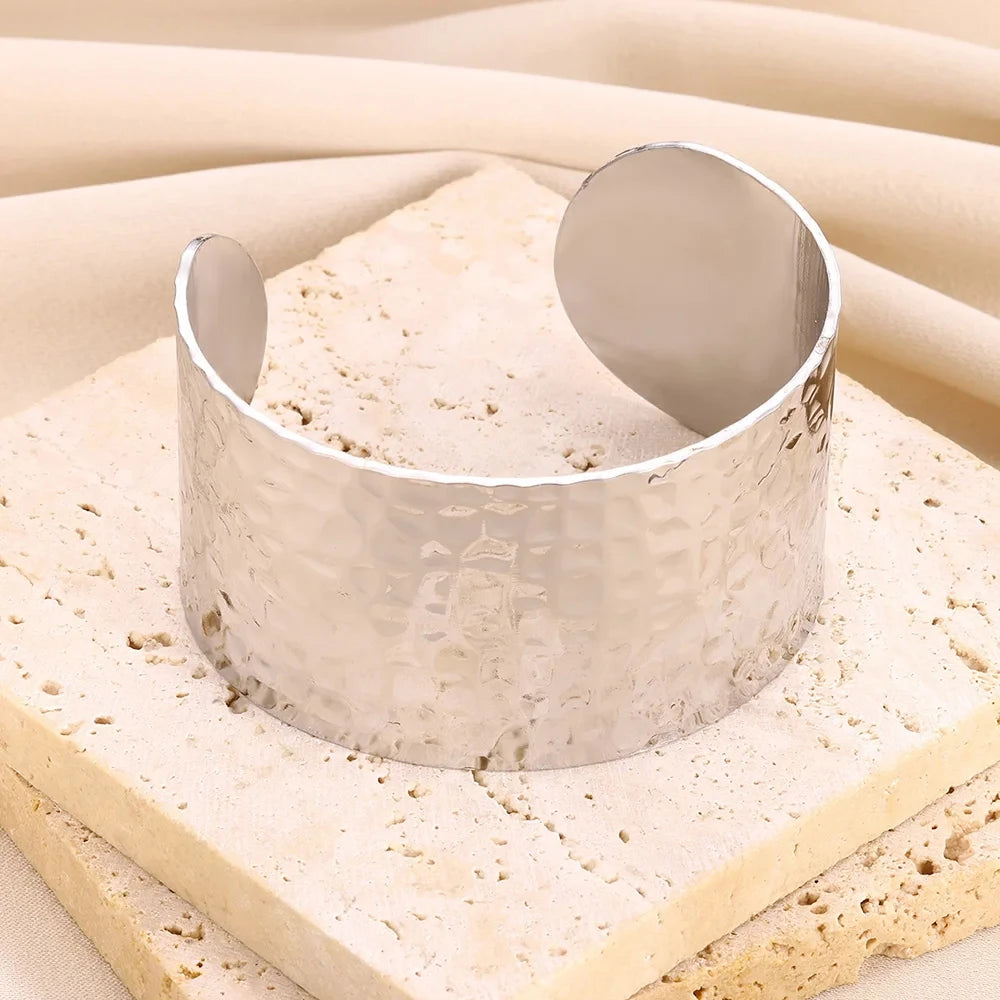 Gold Stainless Steel Cuff Bangle – Classic Bump Pattern Bracelet for Women