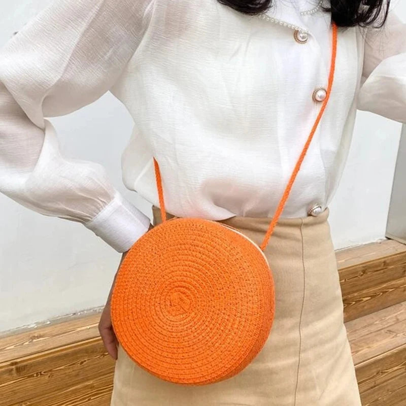 Round Straw Woven Beach Crossbody Bag – Cute Rattan Shoulder Handbag for Women