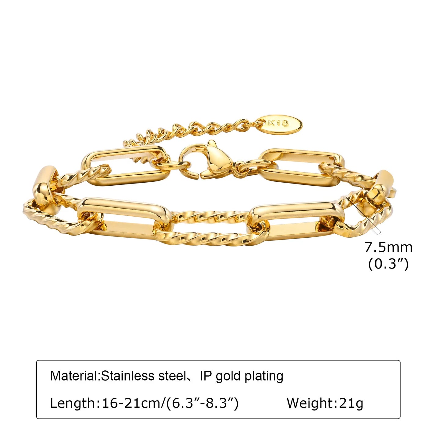 18K Gold Plated Paperclip Chain Bracelet – Adjustable Chunky Stainless Steel Jewelry