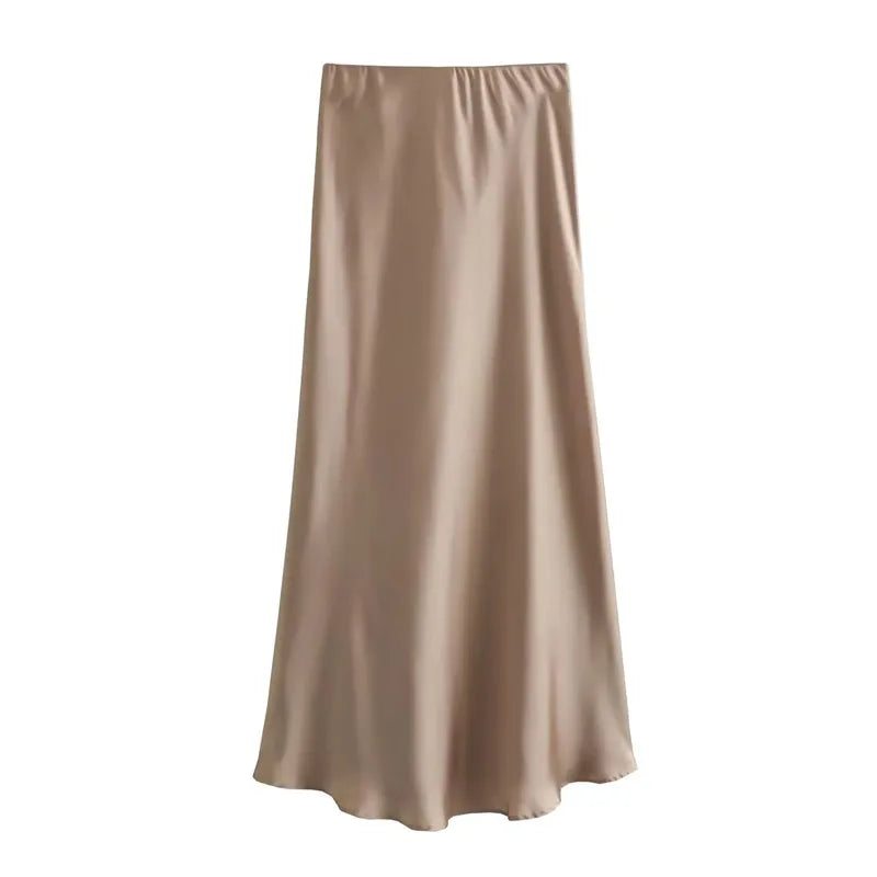 MUJER 2025 Satin High Waist Midi Skirt – Elegant Summer Office Skirt for Women