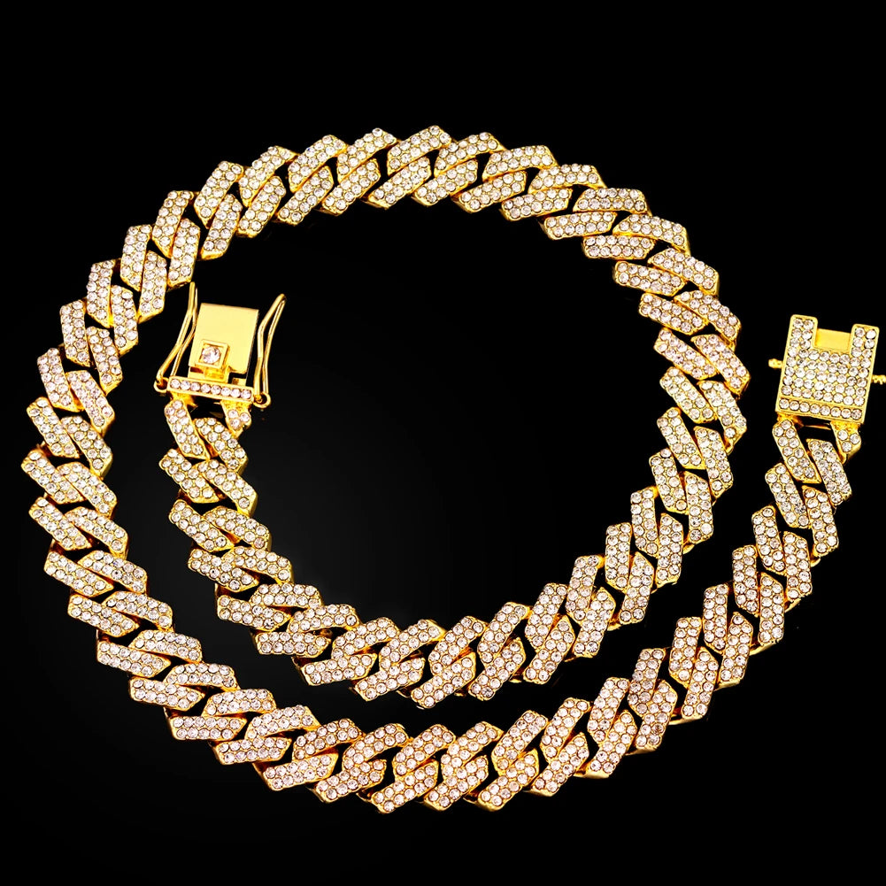 Prong Cuban Link Chain Necklace – 2-Row Iced Out Rhinestone Hip Hop Jewelry for Men & Women