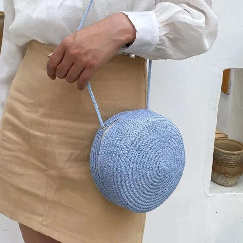 Round Straw Woven Beach Crossbody Bag – Cute Rattan Shoulder Handbag for Women