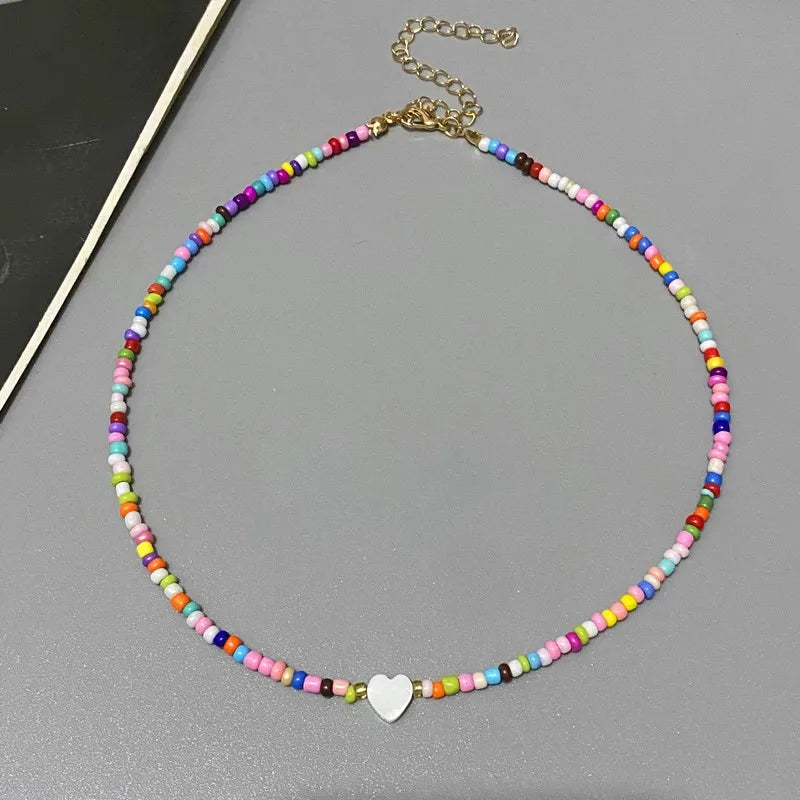 Nature Shell Love Heart Choker Necklace – Colorful Glass Beads Spring Summer Gift for Girls