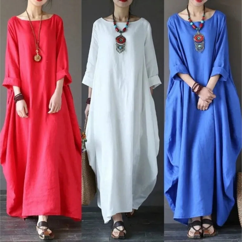 Vintage Cotton Linen Maxi Dress – Loose Fit & Summer Style