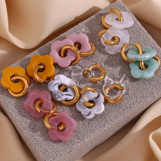 Colorful Resin Flower Hoop Earrings – Waterproof Stainless Steel Women’s Jewelry