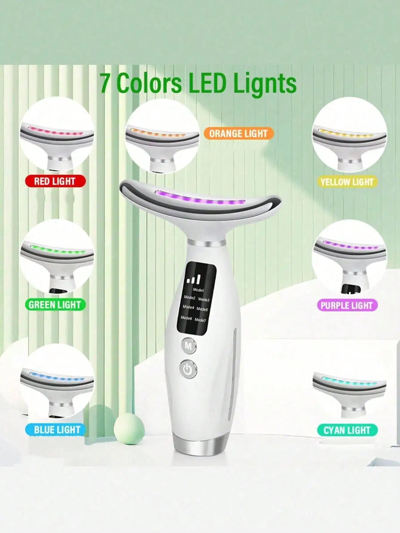Colour Light Face & Neck Beauty Instrument – 7 Modes, 7 Speed Settings, Curved Hand Grip for Skin Rejuvenation & Lifting