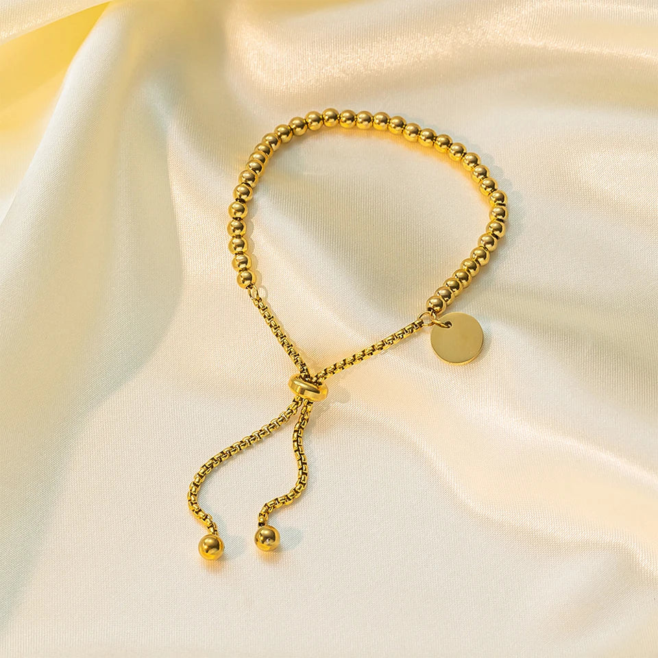 Stainless Steel Golden Bead Bracelet – Adjustable Women’s Fashion Jewelry