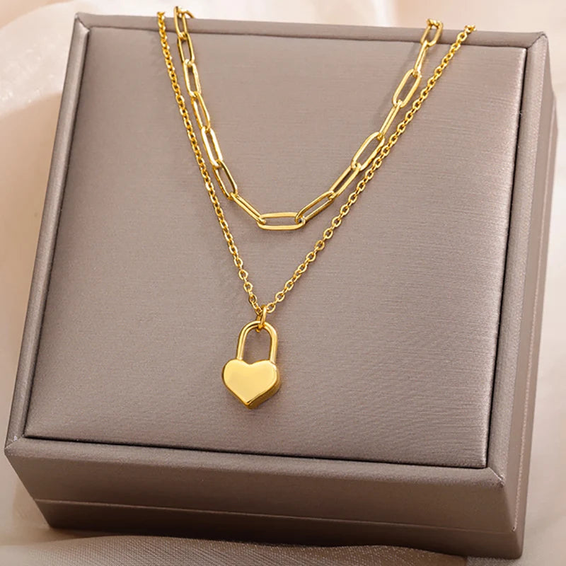 316L Stainless Steel Multilayer Heart Necklace – Gold Goth Clavicle Choker for Women