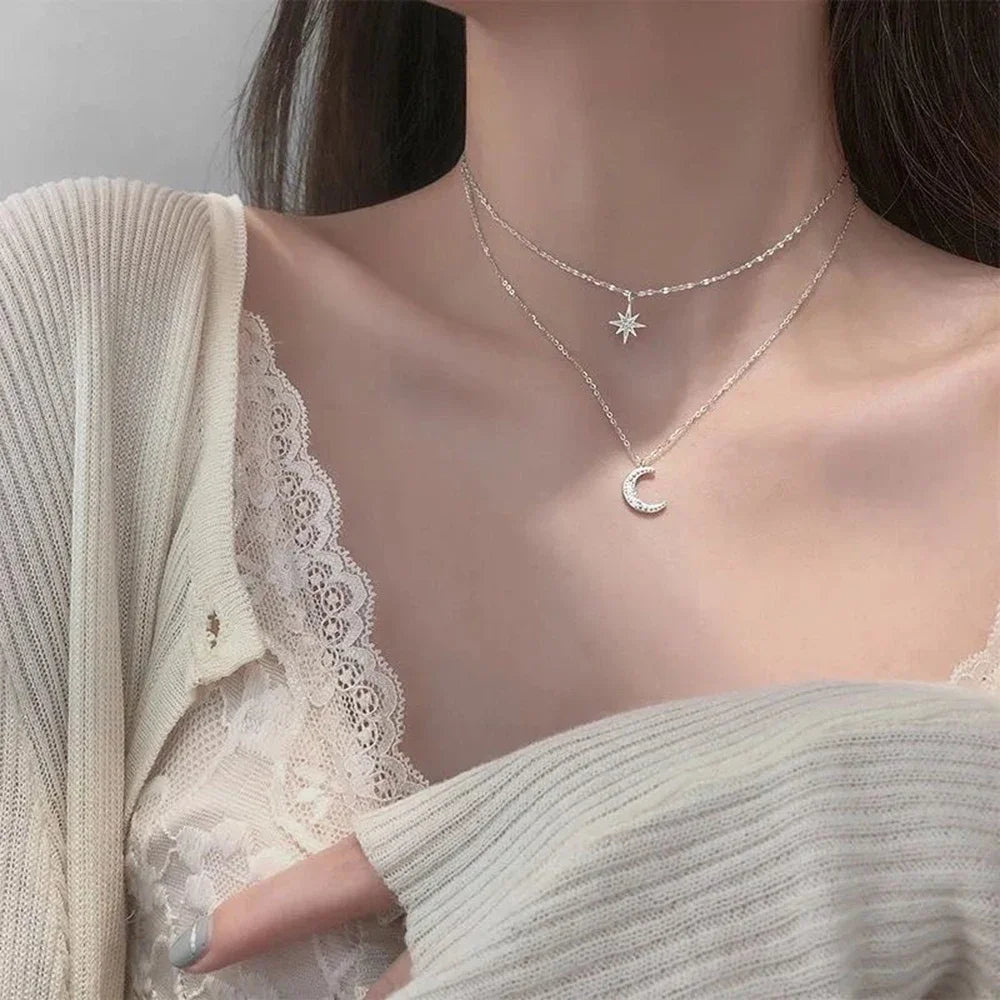 Double Layer Star & Moon Necklace – Delicate Zircon Women’s Jewelry