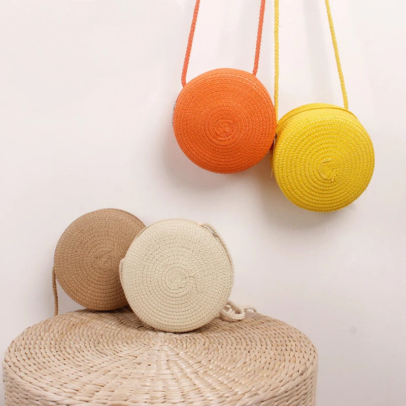 Round Straw Woven Beach Crossbody Bag – Cute Rattan Shoulder Handbag for Women