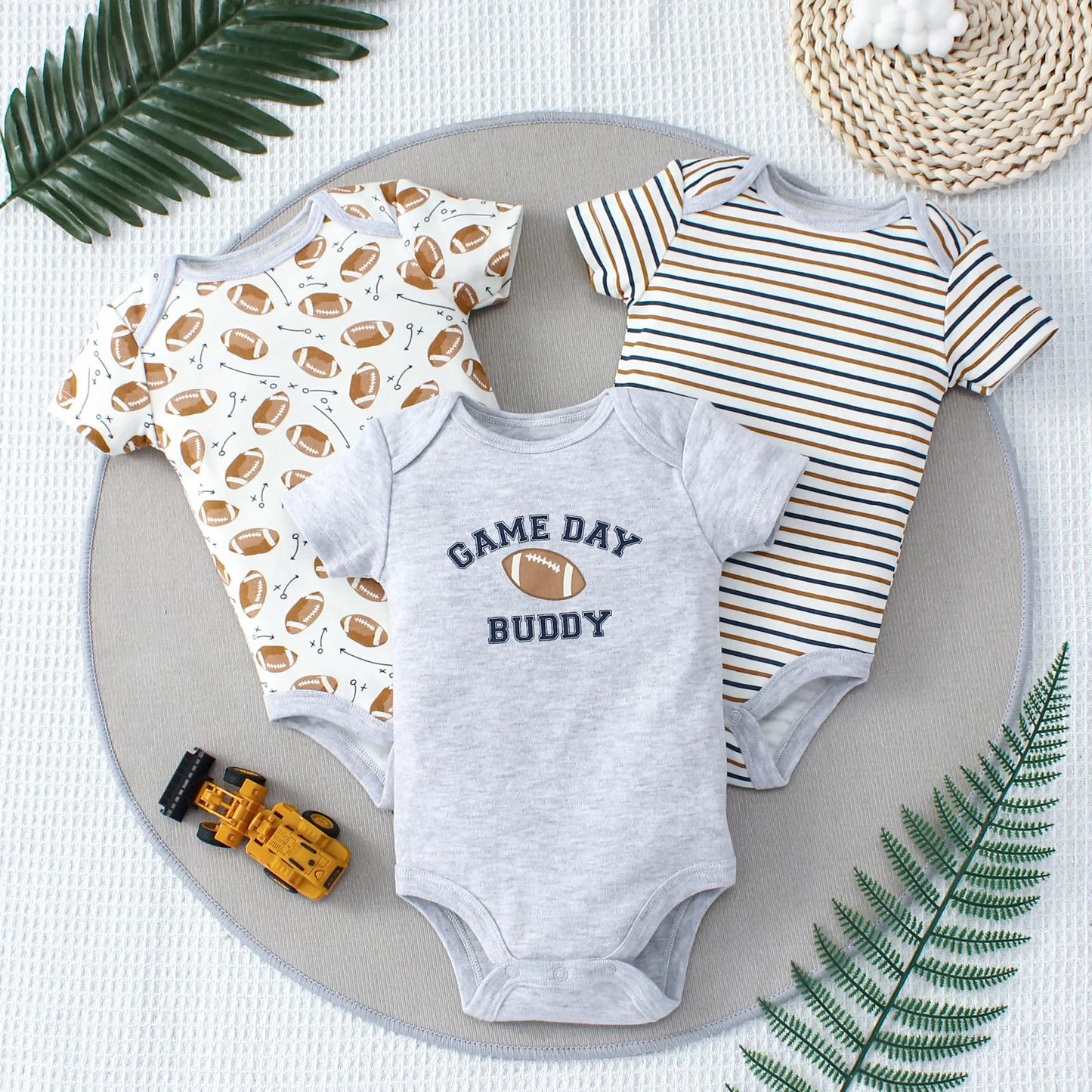 3PCS Summer Baby Bodysuit Set – Dinosaur & Stripe Pattern for Boys 0-9 Months