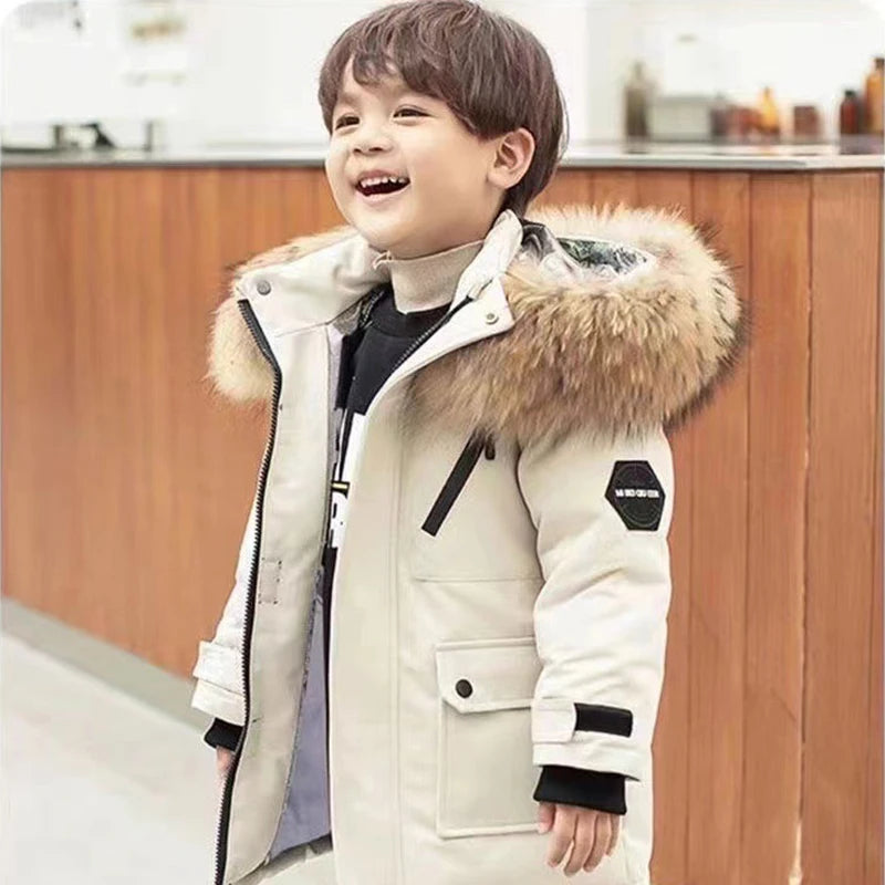 Winter Boys Hooded Jacket – Warm Thicken Fur Collar Zipper Outerwear 5–14Y