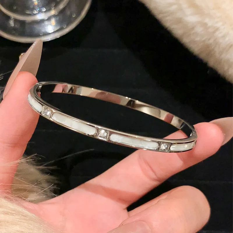 Titanium Steel Silver Bracelet with Zircon – Classic Stainless Steel Jewelry for Women