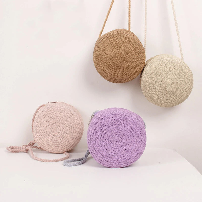 Round Straw Woven Beach Crossbody Bag – Cute Rattan Shoulder Handbag for Women