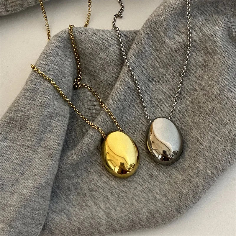 Large Geometric Oval Water Drop Pendant Necklace – Stainless Steel Long Sweater Chain for Women