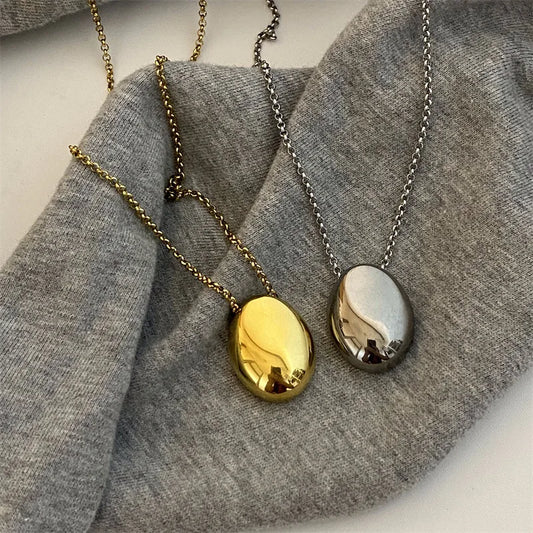 Large Geometric Oval Water Drop Pendant Necklace – Stainless Steel Long Sweater Chain for Women