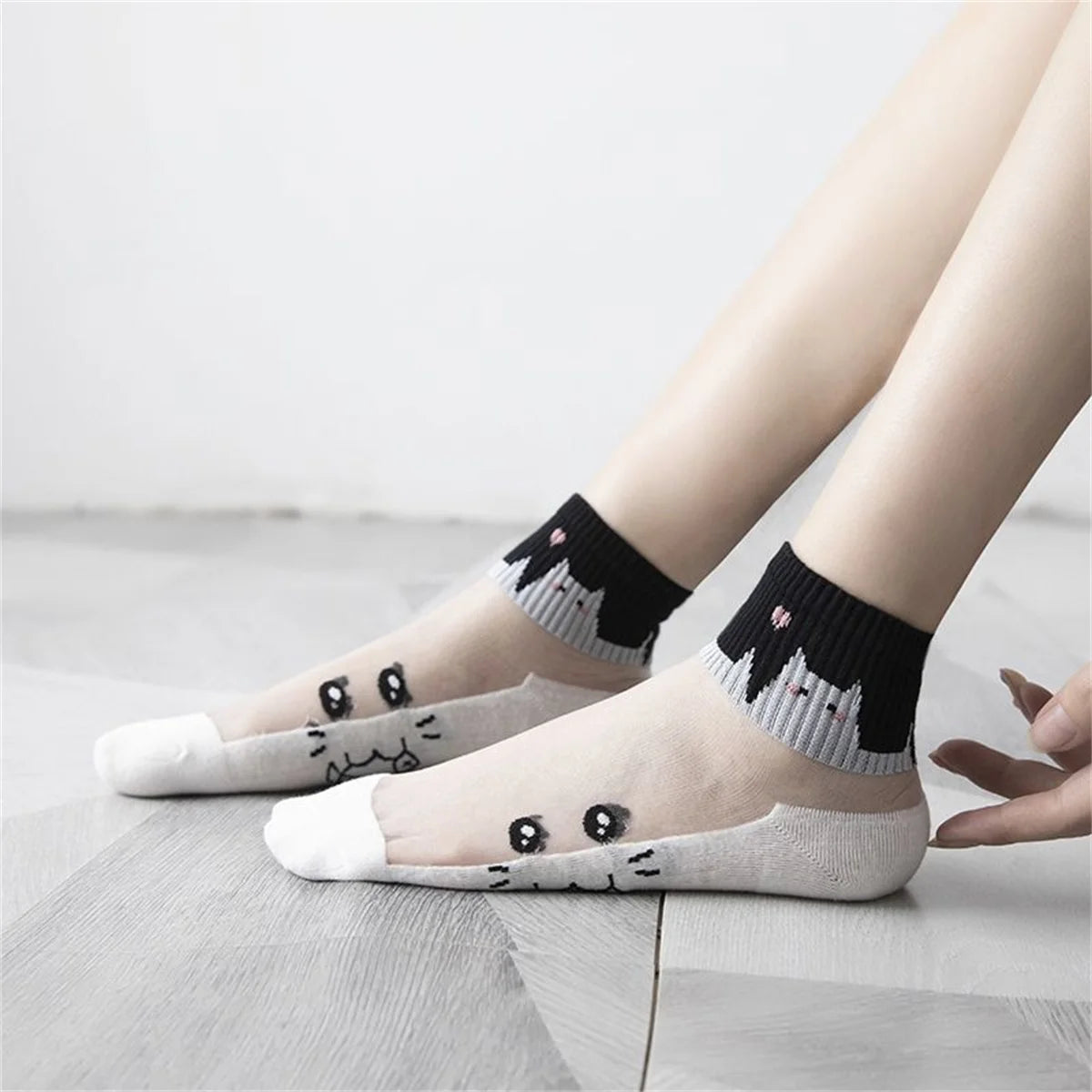 Sheer Cat Print Ankle Socks – 5 Pairs Breathable Summer Set