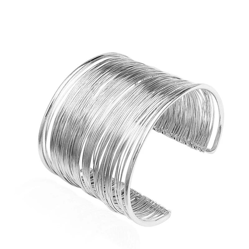 Gold Wide Cuff Bangle – Open Wire Wrap Bracelet for Women