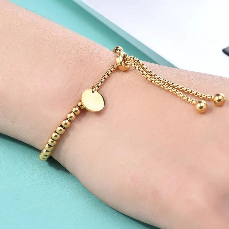 Stainless Steel Golden Bead Bracelet – Adjustable Women’s Fashion Jewelry