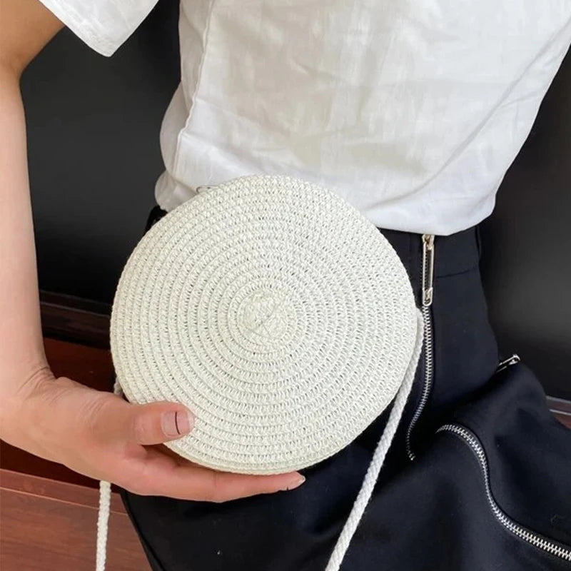 Round Straw Woven Beach Crossbody Bag – Cute Rattan Shoulder Handbag for Women