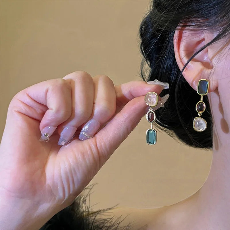 Asymmetric Colorful Resin Dangle Earrings – Retro Geometric Women’s Jewelry