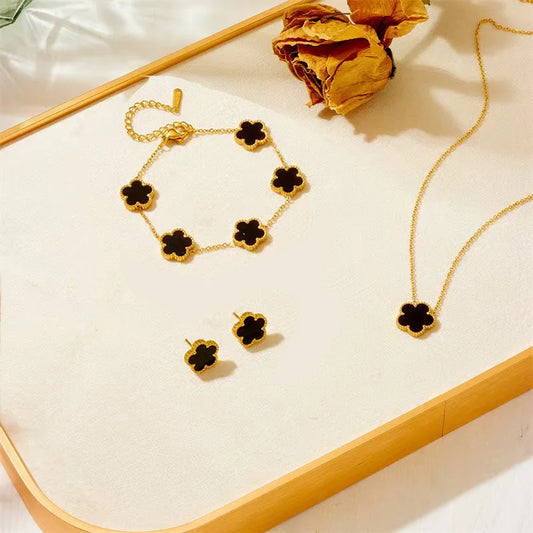 3-Piece Stainless Steel Plum Blossom Jewelry Set – Necklace, Bracelet & Earrings for Women