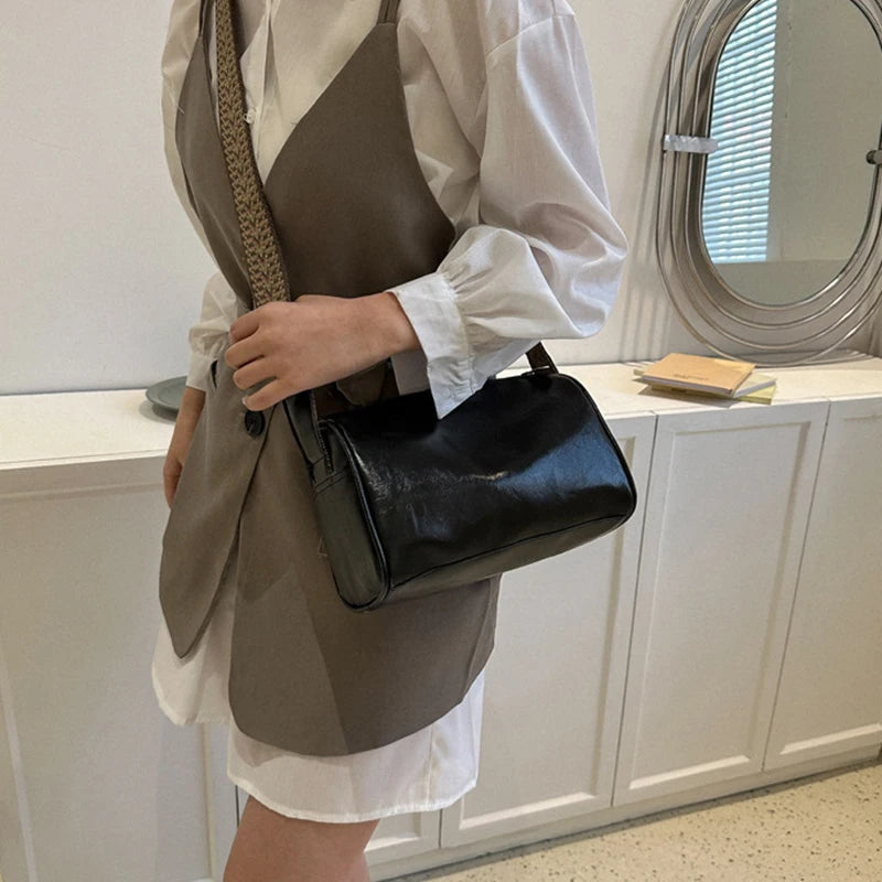 Vintage PU Leather Boston Handbag – Small Designer Crossbody & Travel Shoulder Bag for Women