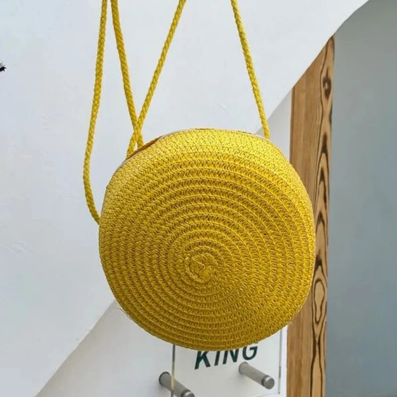 Round Straw Woven Beach Crossbody Bag – Cute Rattan Shoulder Handbag for Women