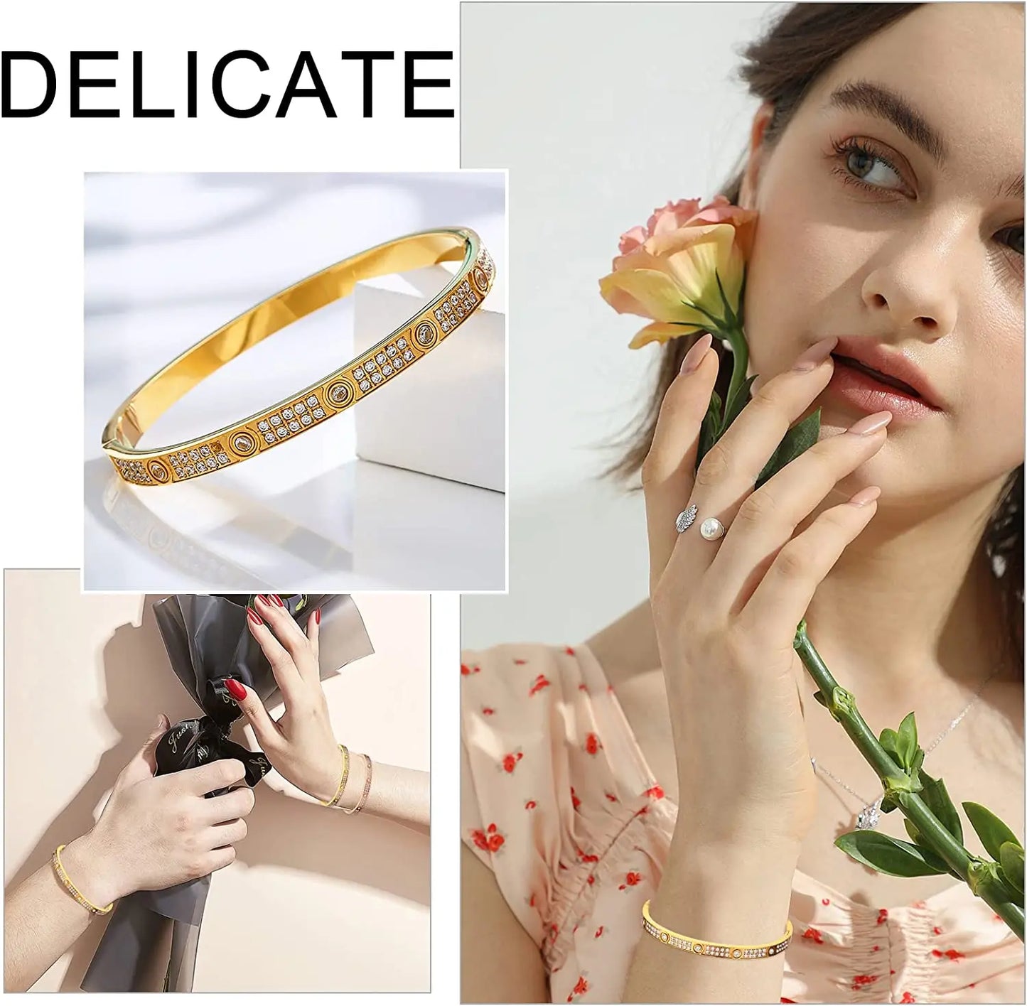 2023 Gold Zircon Cross Nail Bracelet – Stainless Steel Bangle for Women