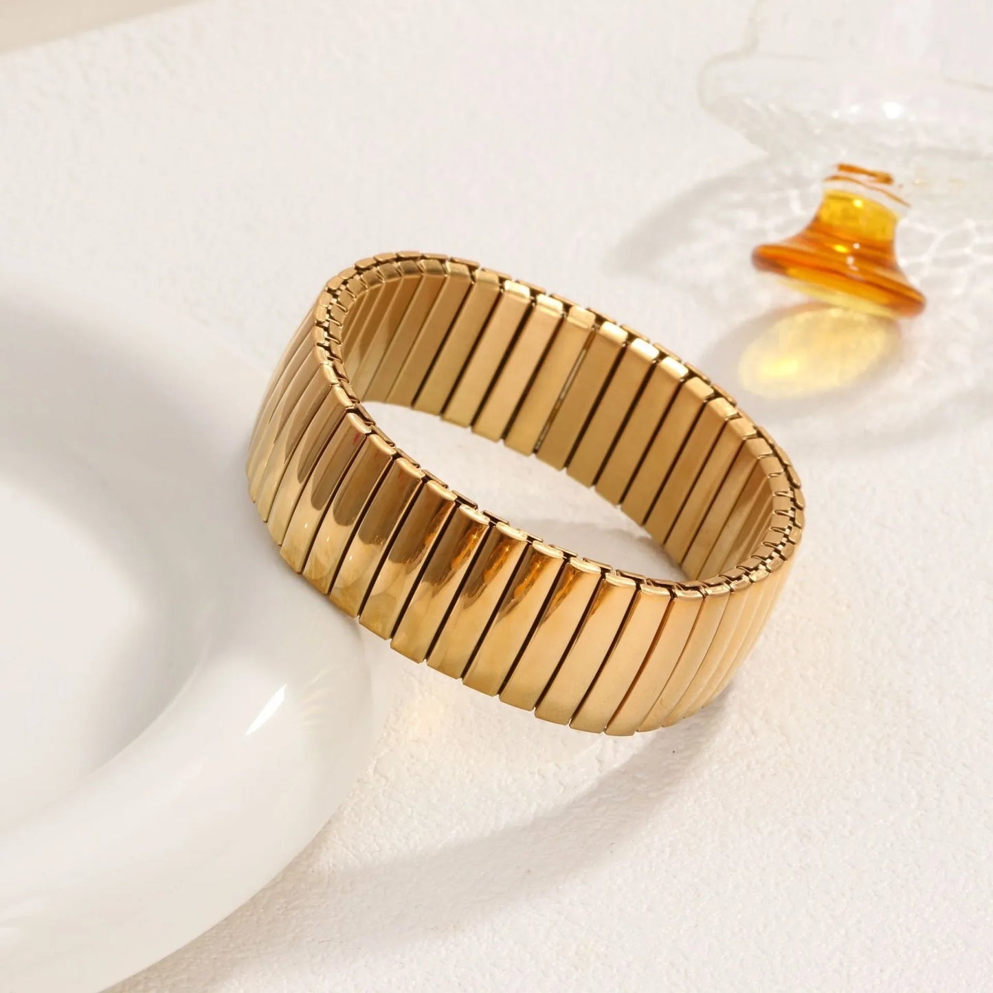 Loe Titanium Steel Gold Plated Heart Elastic Bracelet – Punk Hip Hop Jewelry for Women