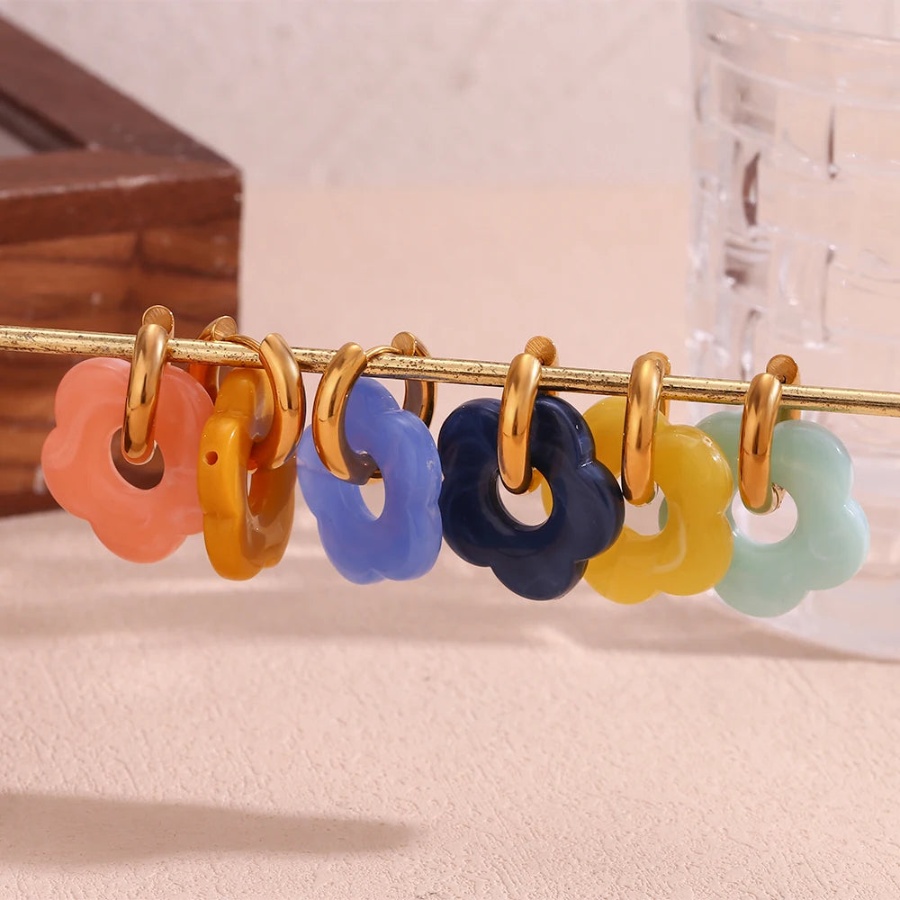 Colorful Resin Flower Hoop Earrings – Waterproof Stainless Steel Women’s Jewelry