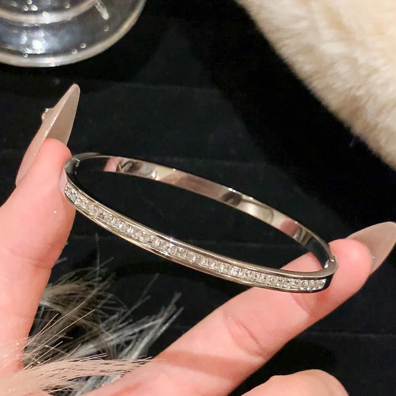 Titanium Steel Silver Bracelet with Zircon – Classic Stainless Steel Jewelry for Women