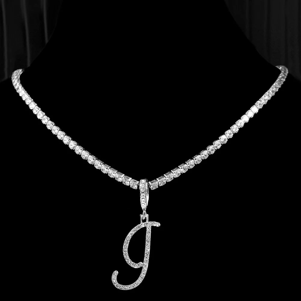 Cursive Letter Name Necklace – CZ Alphabet Pendant Hip Hop Jewelry