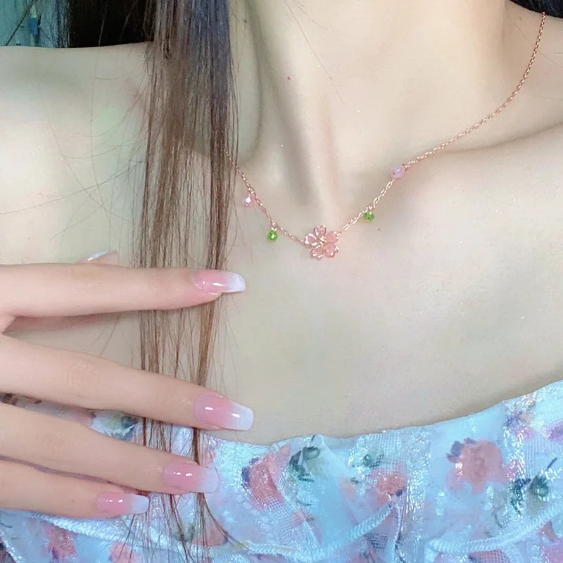 Cherry Blossom Flower Necklace – Crystal Butterfly Pearl Women’s Jewelry