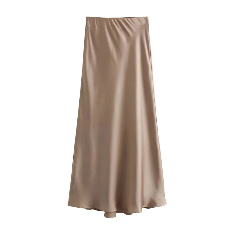 MUJER 2025 Satin High Waist Midi Skirt – Elegant Summer Office Skirt for Women
