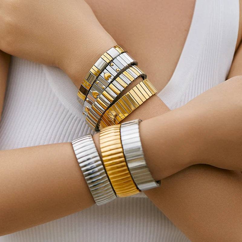 Loe Titanium Steel Gold Plated Heart Elastic Bracelet – Punk Hip Hop Jewelry for Women