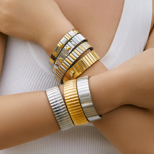 Loe Titanium Steel Gold Plated Heart Elastic Bracelet – Punk Hip Hop Jewelry for Women